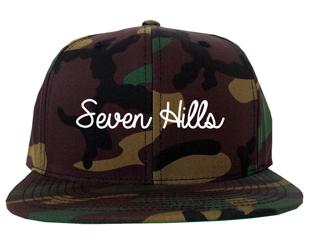 Seven Hills Ohio OH Script Mens Snapback Hat Army Camo