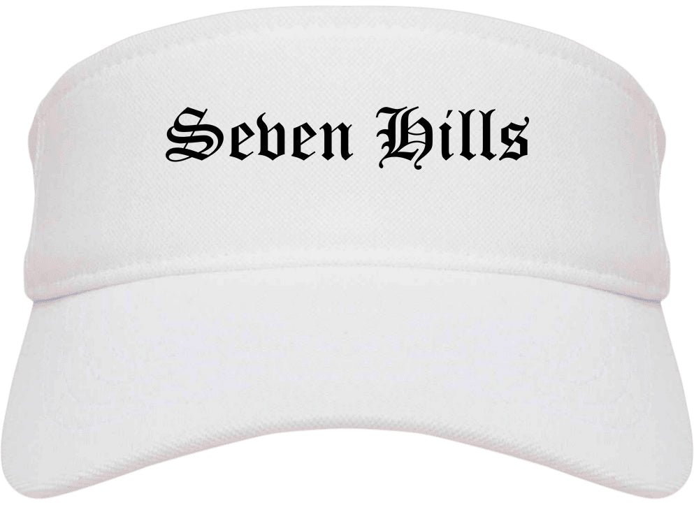 Seven Hills Ohio OH Old English Mens Visor Cap Hat White