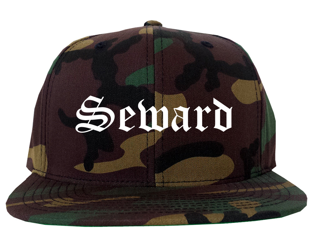Seward Nebraska NE Old English Mens Snapback Hat Army Camo
