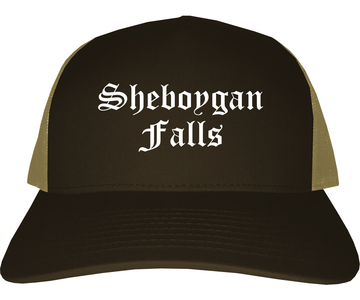 Sheboygan Falls Wisconsin WI Old English Mens Trucker Hat Cap Brown