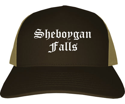 Sheboygan Falls Wisconsin WI Old English Mens Trucker Hat Cap Brown