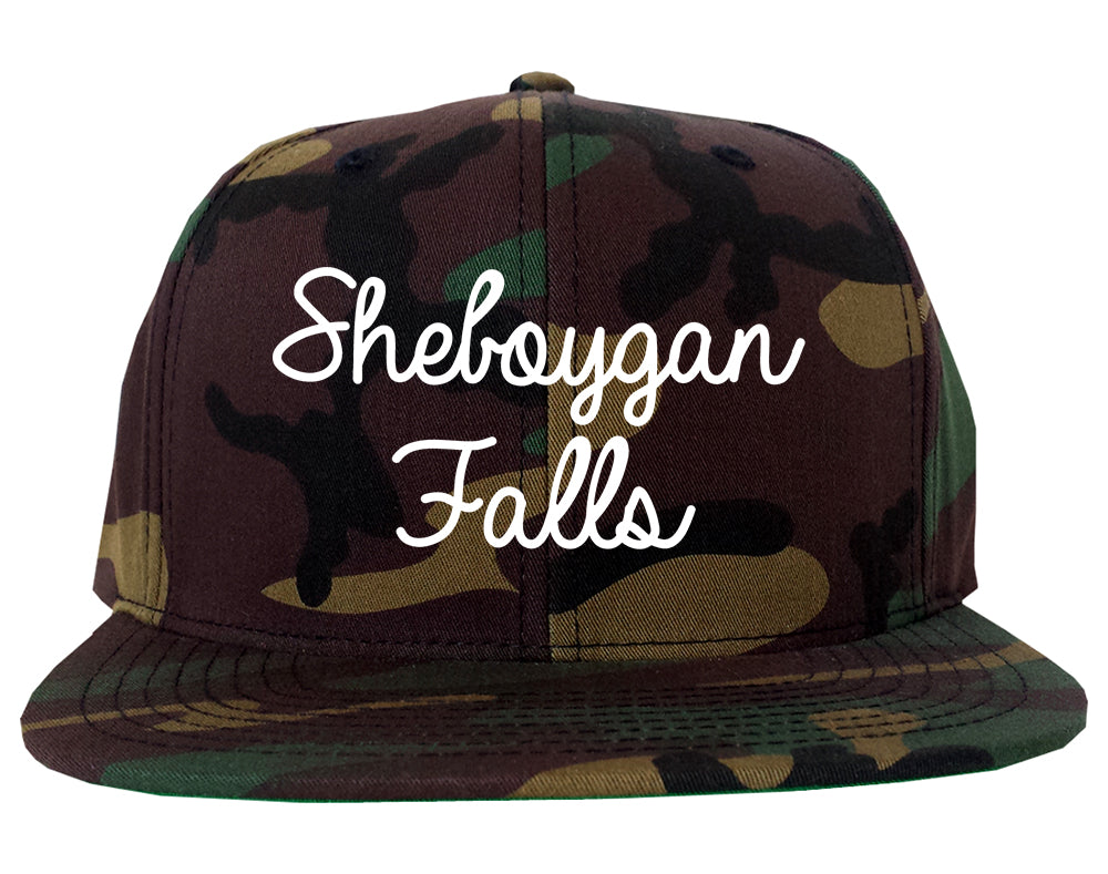 Sheboygan Falls Wisconsin WI Script Mens Snapback Hat Army Camo
