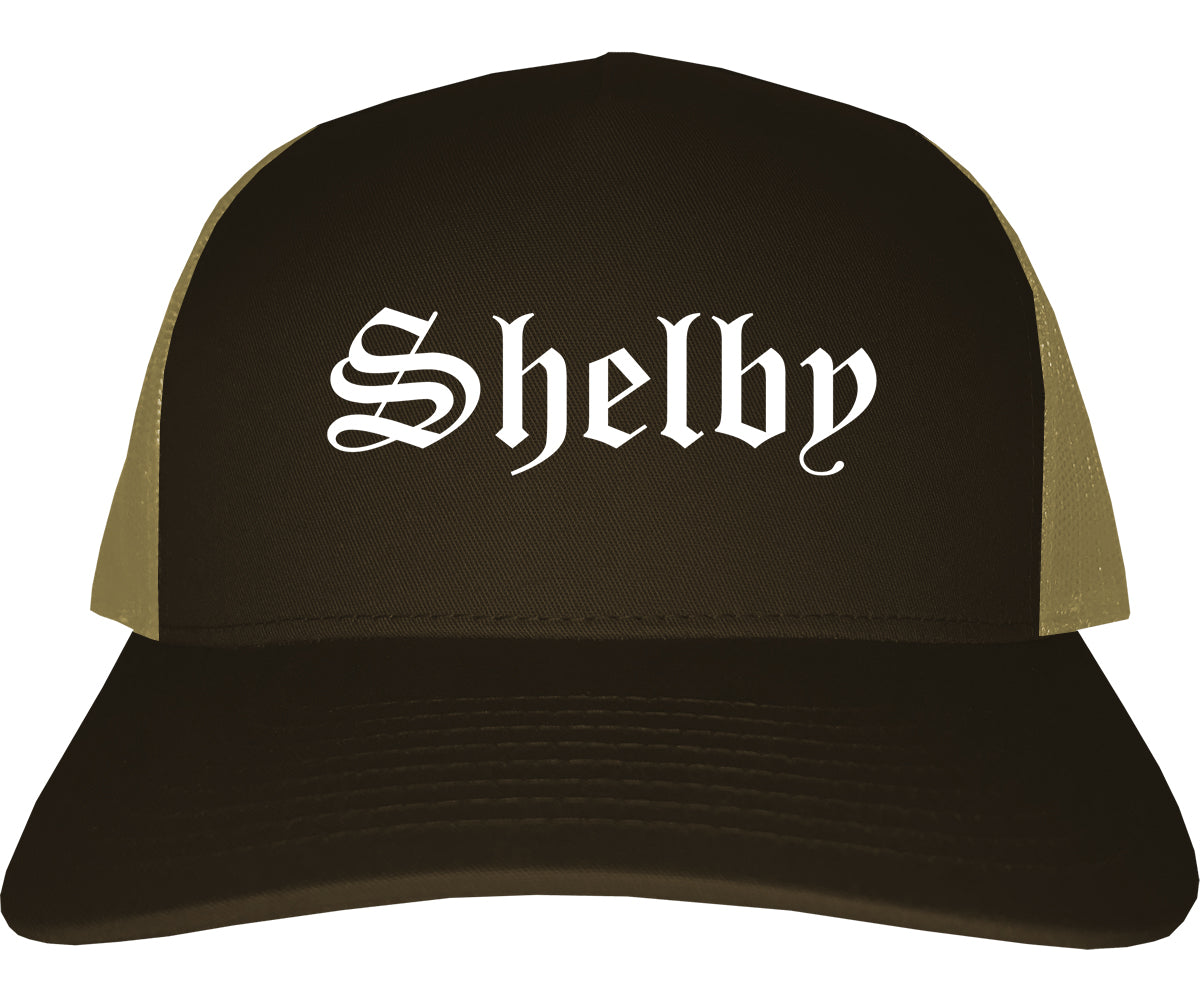 Shelby North Carolina NC Old English Mens Trucker Hat Cap Brown