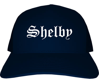 Shelby North Carolina NC Old English Mens Trucker Hat Cap Navy Blue