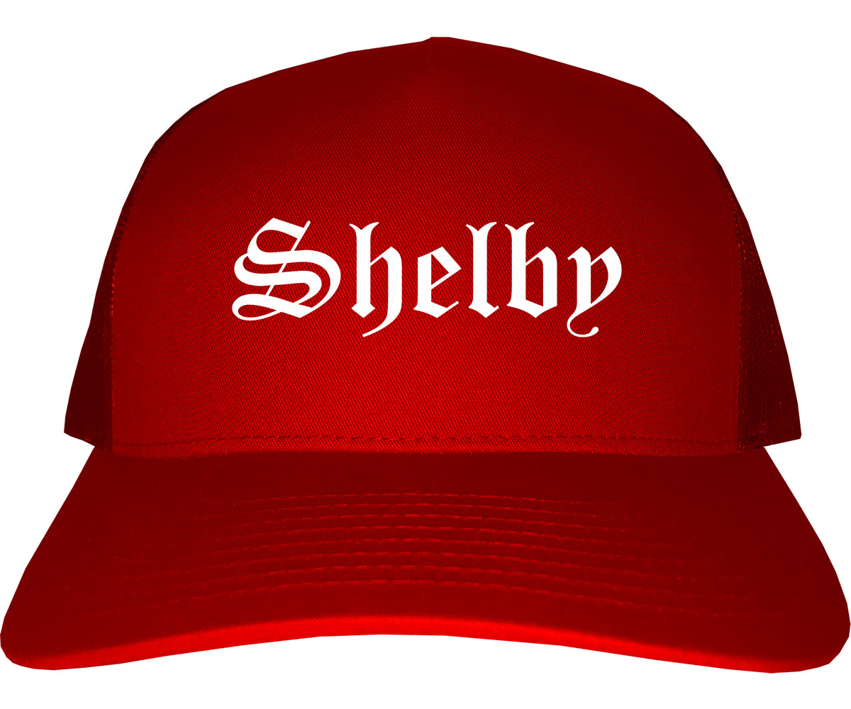 Shelby North Carolina NC Old English Mens Trucker Hat Cap Red