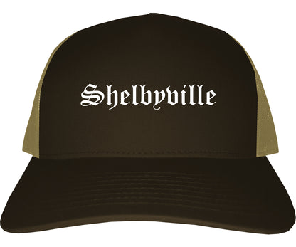 Shelbyville Illinois IL Old English Mens Trucker Hat Cap Brown