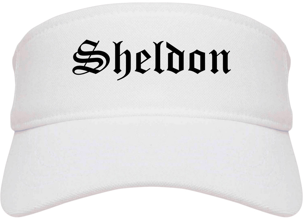 Sheldon Iowa IA Old English Mens Visor Cap Hat White