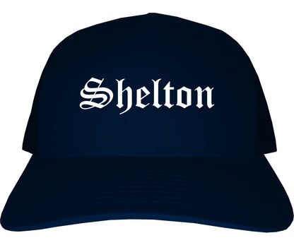 Shelton Washington WA Old English Mens Trucker Hat Cap Navy Blue