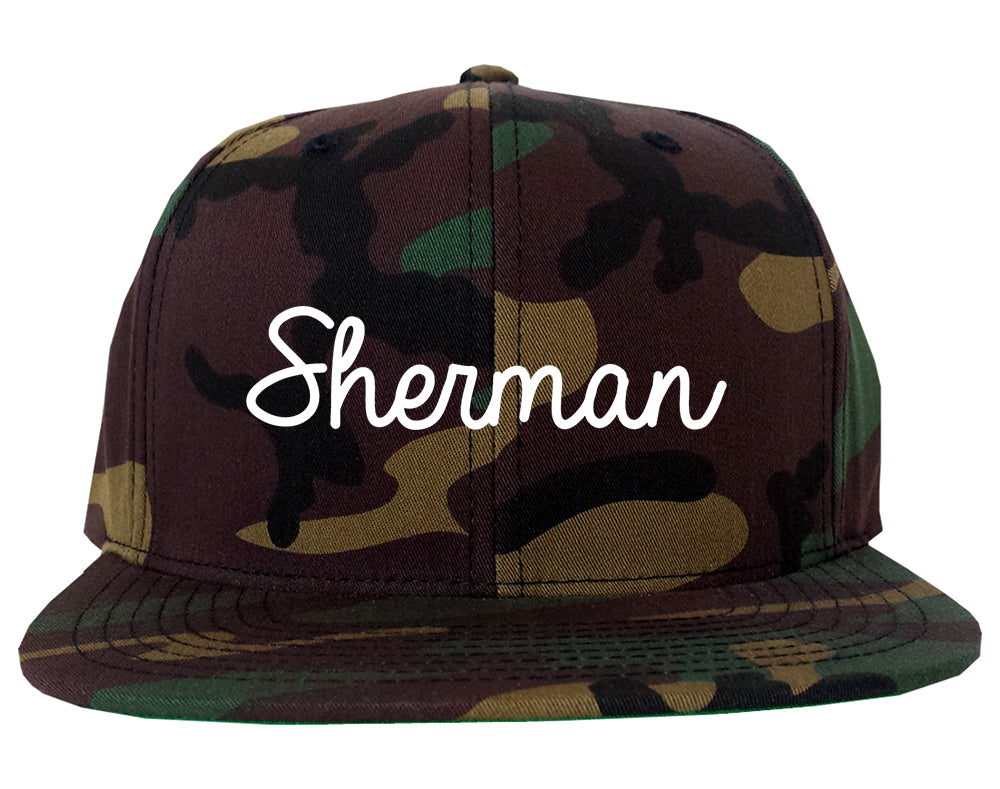 Sherman Texas TX Script Mens Snapback Hat Army Camo
