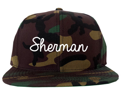 Sherman Texas TX Script Mens Snapback Hat Army Camo