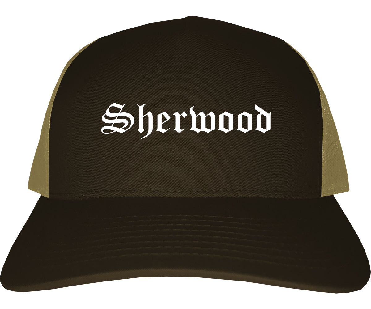 Sherwood Arkansas AR Old English Mens Trucker Hat Cap Brown