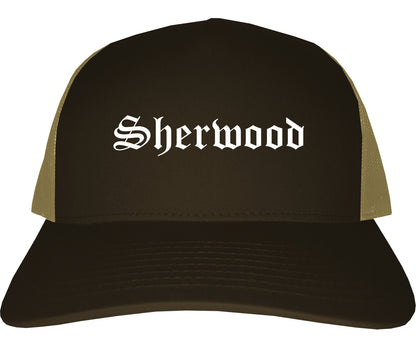 Sherwood Arkansas AR Old English Mens Trucker Hat Cap Brown