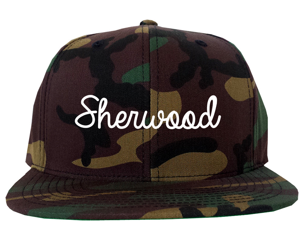 Sherwood Arkansas AR Script Mens Snapback Hat Army Camo