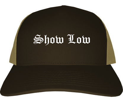 Show Low Arizona AZ Old English Mens Trucker Hat Cap Brown