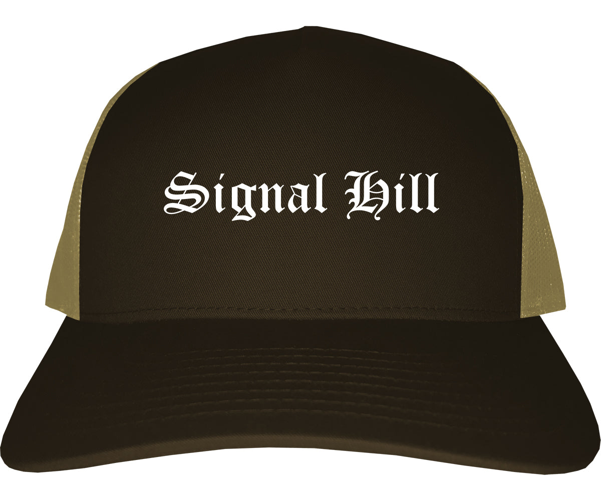 Signal Hill California CA Old English Mens Trucker Hat Cap Brown