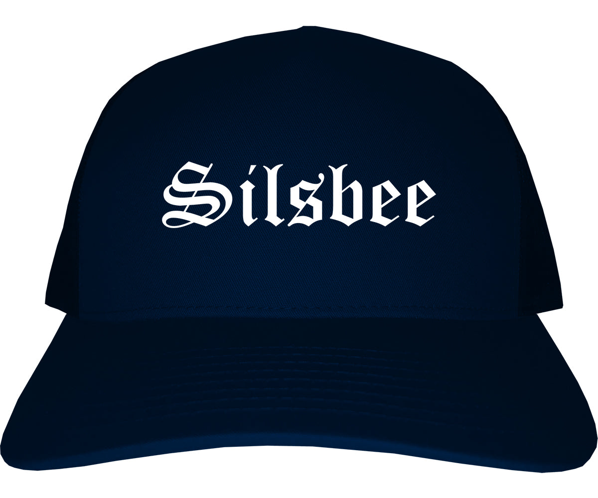Silsbee Texas TX Old English Mens Trucker Hat Cap Navy Blue