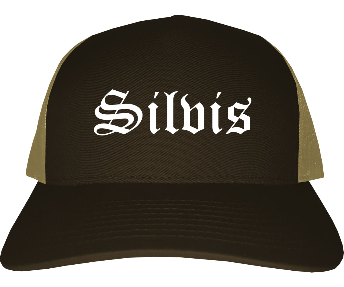 Silvis Illinois IL Old English Mens Trucker Hat Cap Brown
