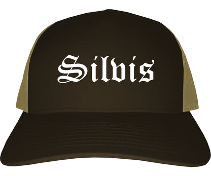 Silvis Illinois IL Old English Mens Trucker Hat Cap Brown