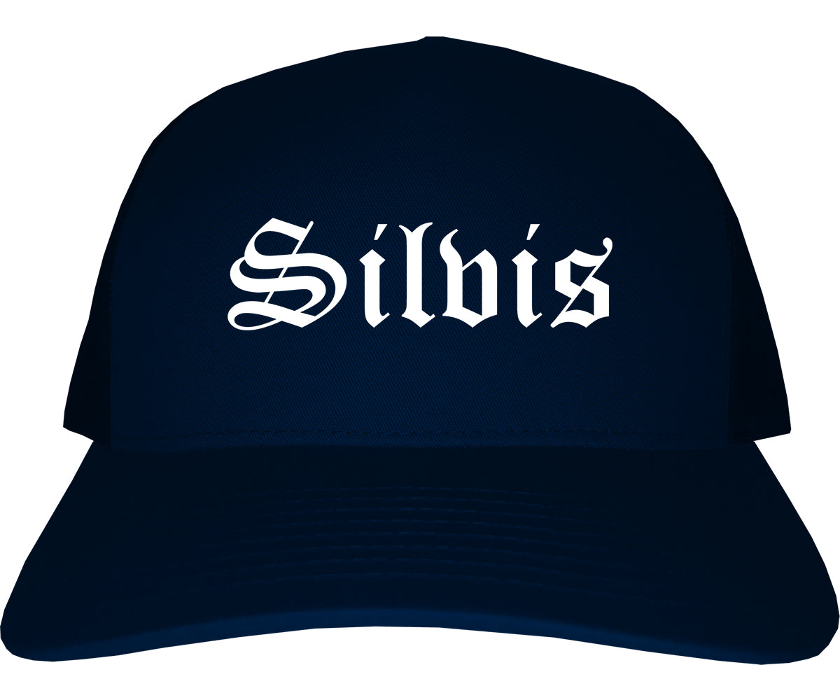 Silvis Illinois IL Old English Mens Trucker Hat Cap Navy Blue