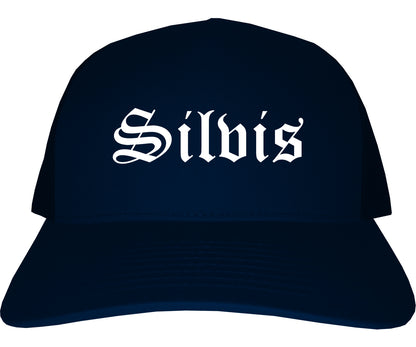 Silvis Illinois IL Old English Mens Trucker Hat Cap Navy Blue