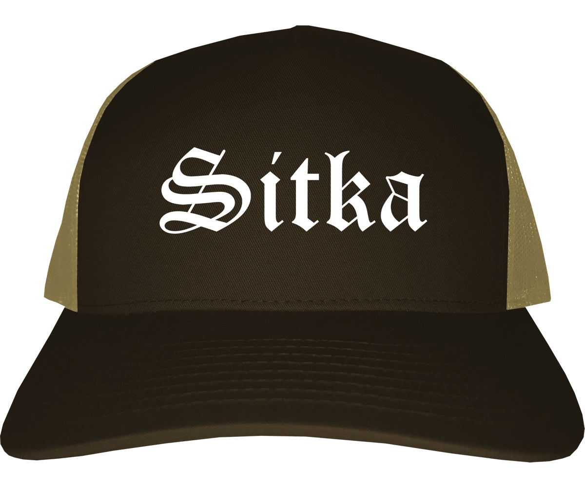 Sitka and Alaska AK Old English Mens Trucker Hat Cap Brown