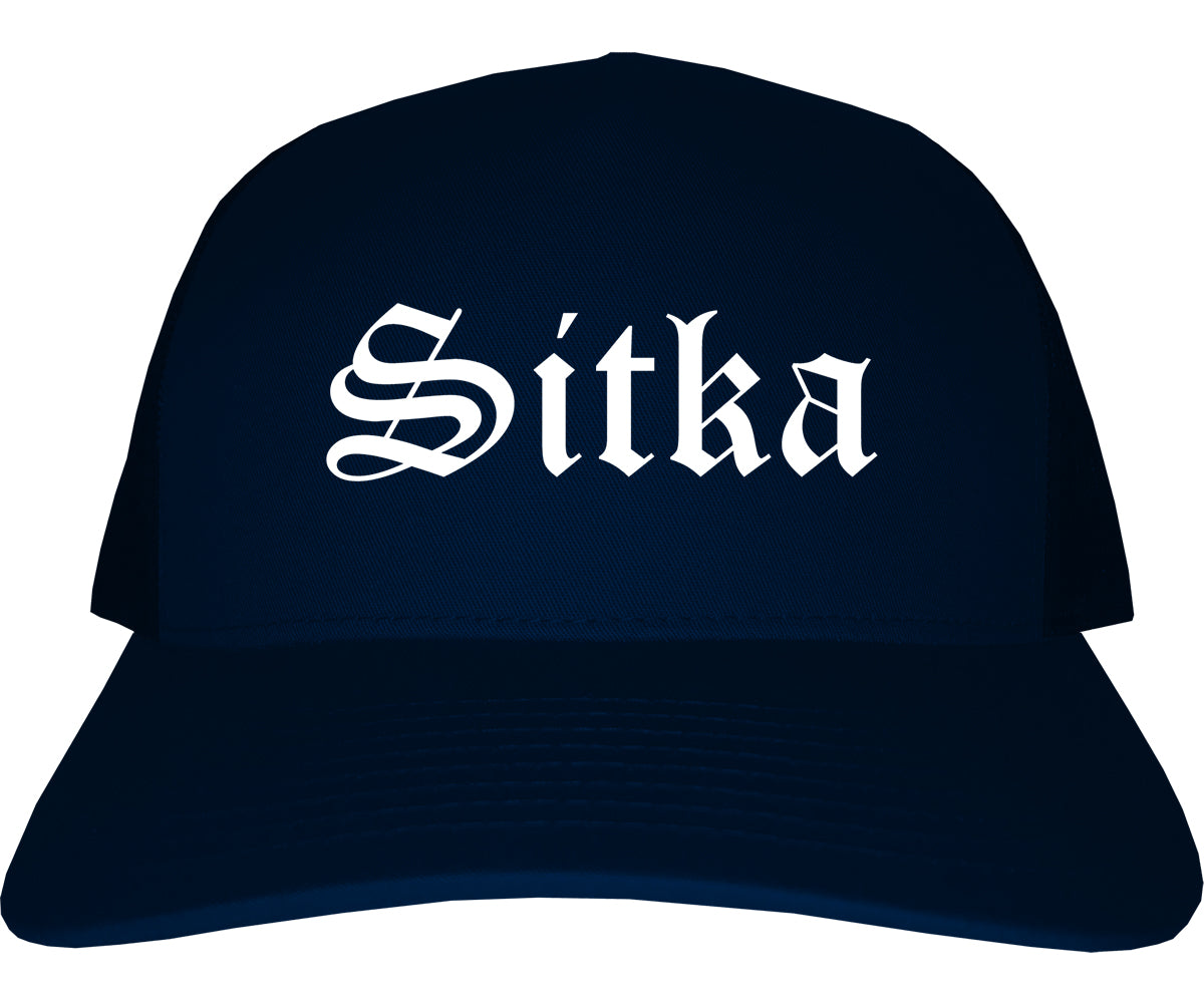 Sitka and Alaska AK Old English Mens Trucker Hat Cap Navy Blue
