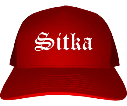 Sitka and Alaska AK Old English Mens Trucker Hat Cap Red