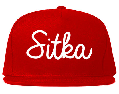 Sitka and Alaska AK Script Mens Snapback Hat Red