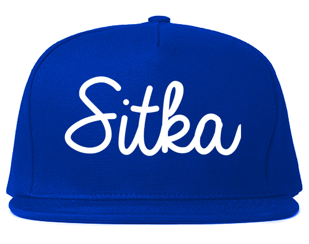 Sitka and Alaska AK Script Mens Snapback Hat Royal Blue