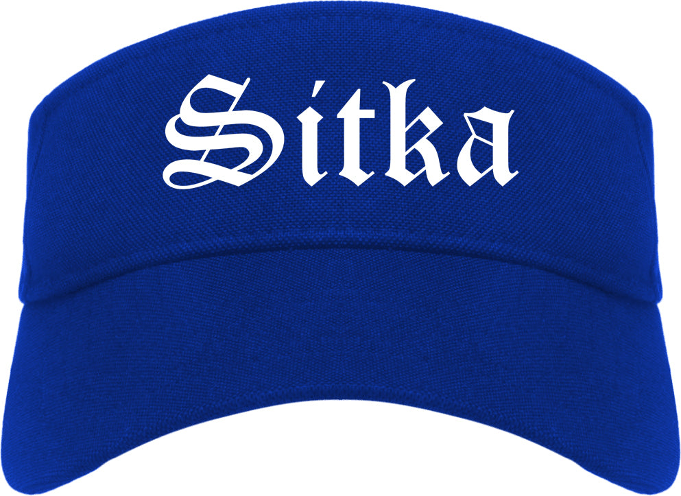 Sitka and Alaska AK Old English Mens Visor Cap Hat Royal Blue
