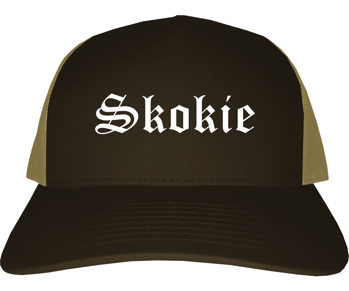 Skokie Illinois IL Old English Mens Trucker Hat Cap Brown