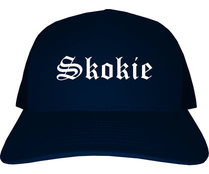 Skokie Illinois IL Old English Mens Trucker Hat Cap Navy Blue