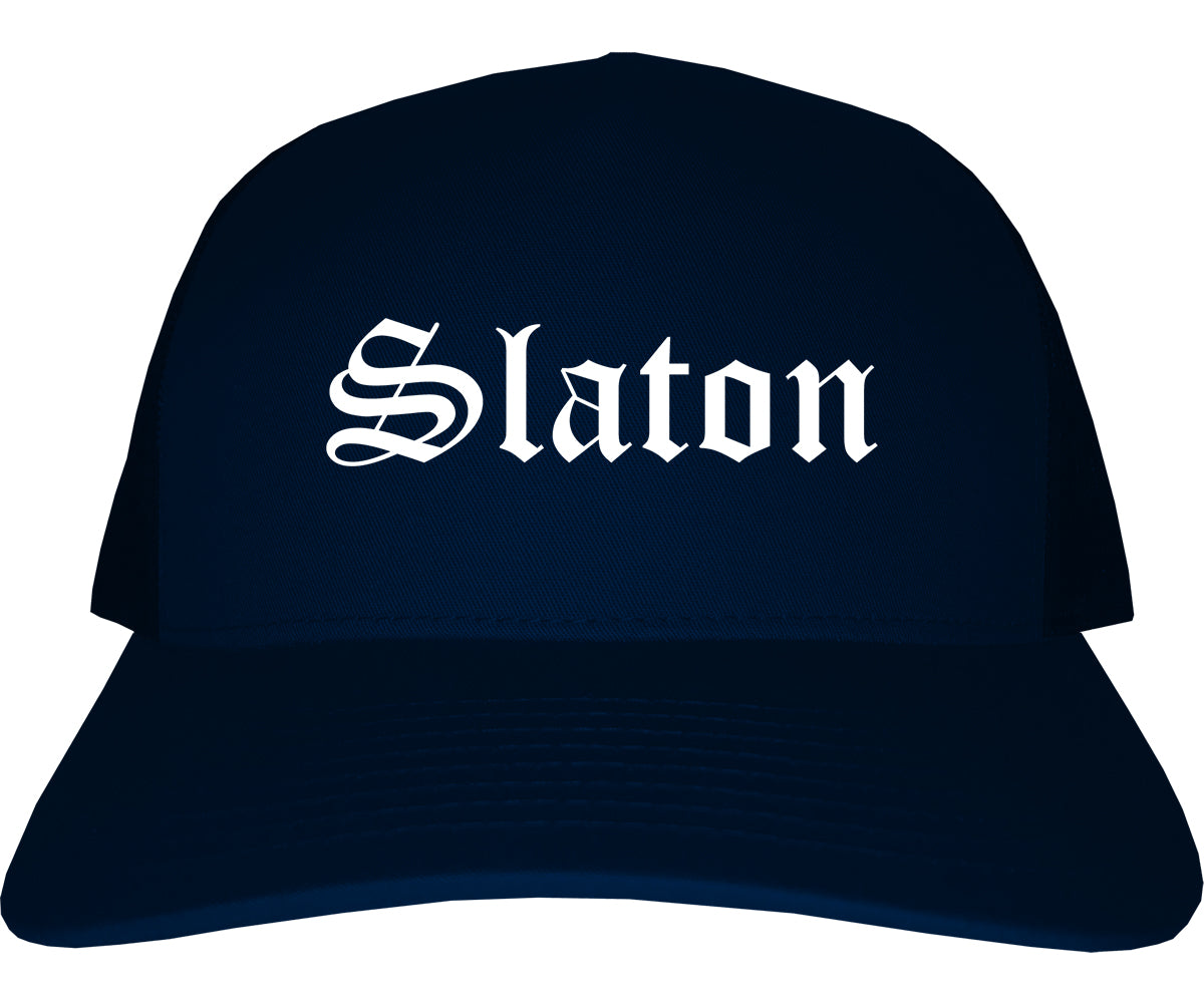 Slaton Texas TX Old English Mens Trucker Hat Cap Navy Blue
