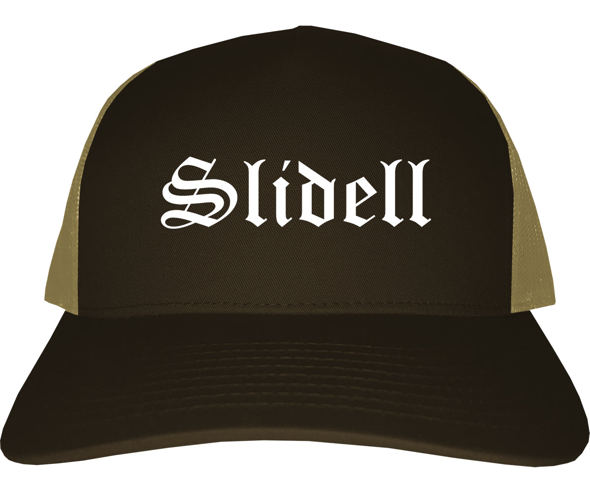 Slidell Louisiana LA Old English Mens Trucker Hat Cap Brown