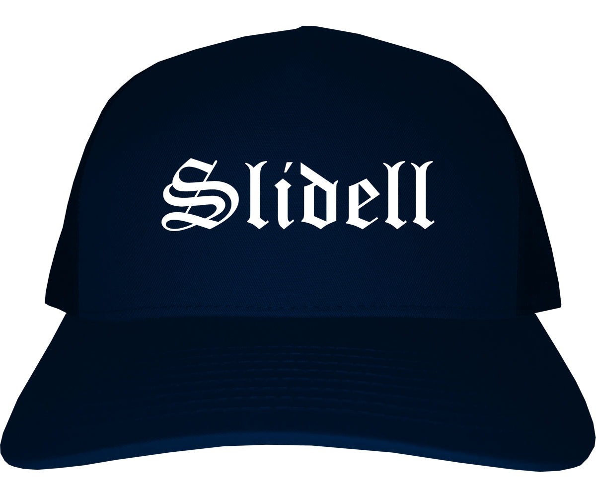 Slidell Louisiana LA Old English Mens Trucker Hat Cap Navy Blue