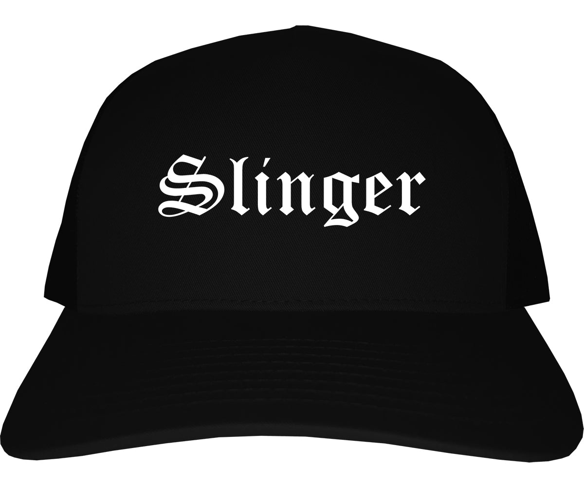 Slinger Wisconsin WI Old English Mens Trucker Hat Cap Black