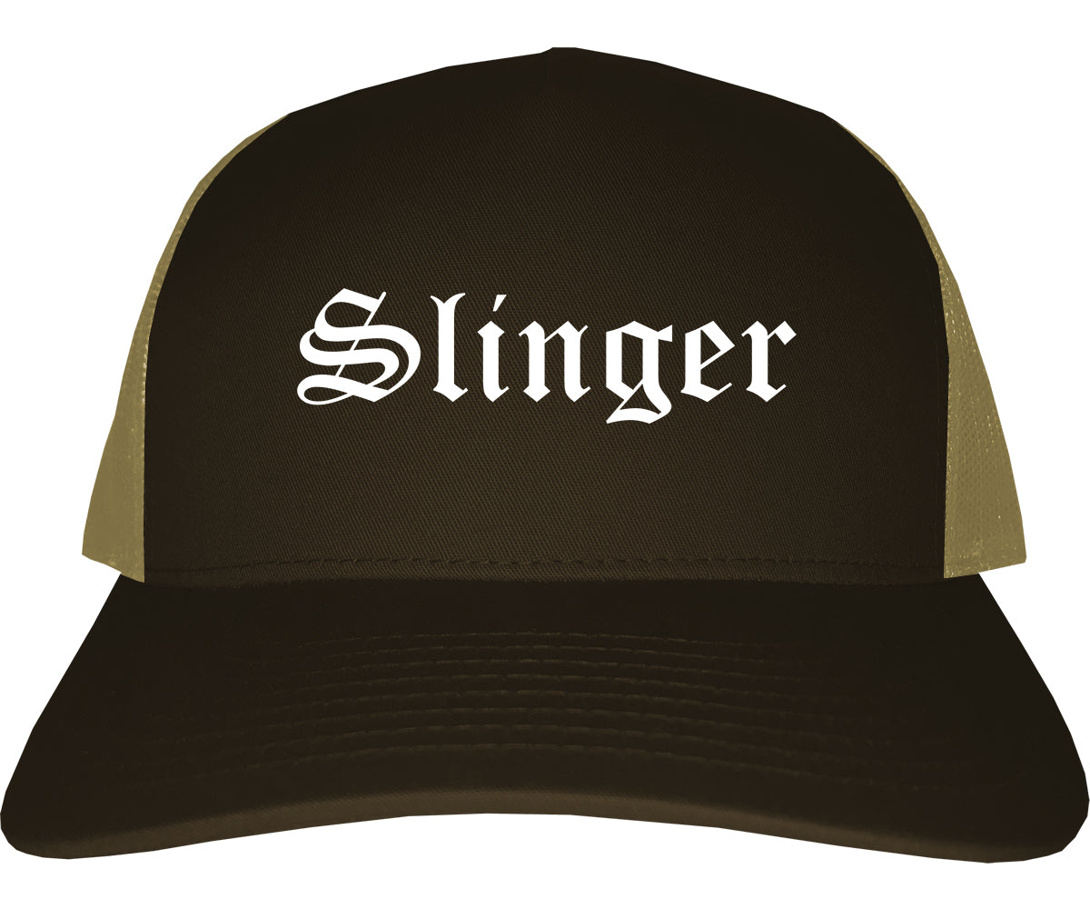 Slinger Wisconsin WI Old English Mens Trucker Hat Cap Brown