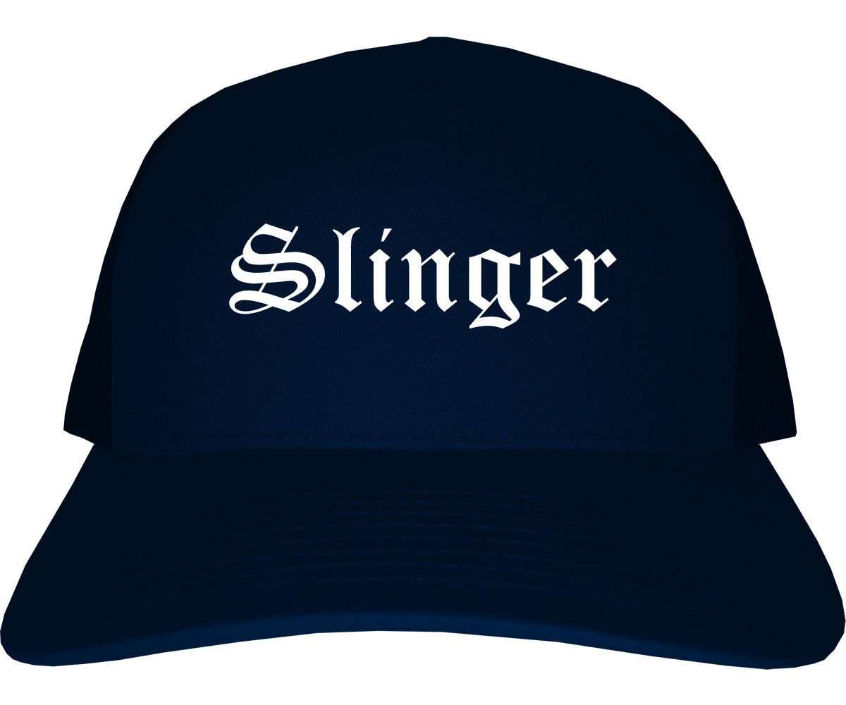 Slinger Wisconsin WI Old English Mens Trucker Hat Cap Navy Blue