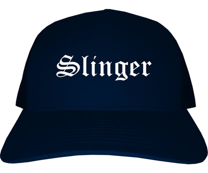 Slinger Wisconsin WI Old English Mens Trucker Hat Cap Navy Blue