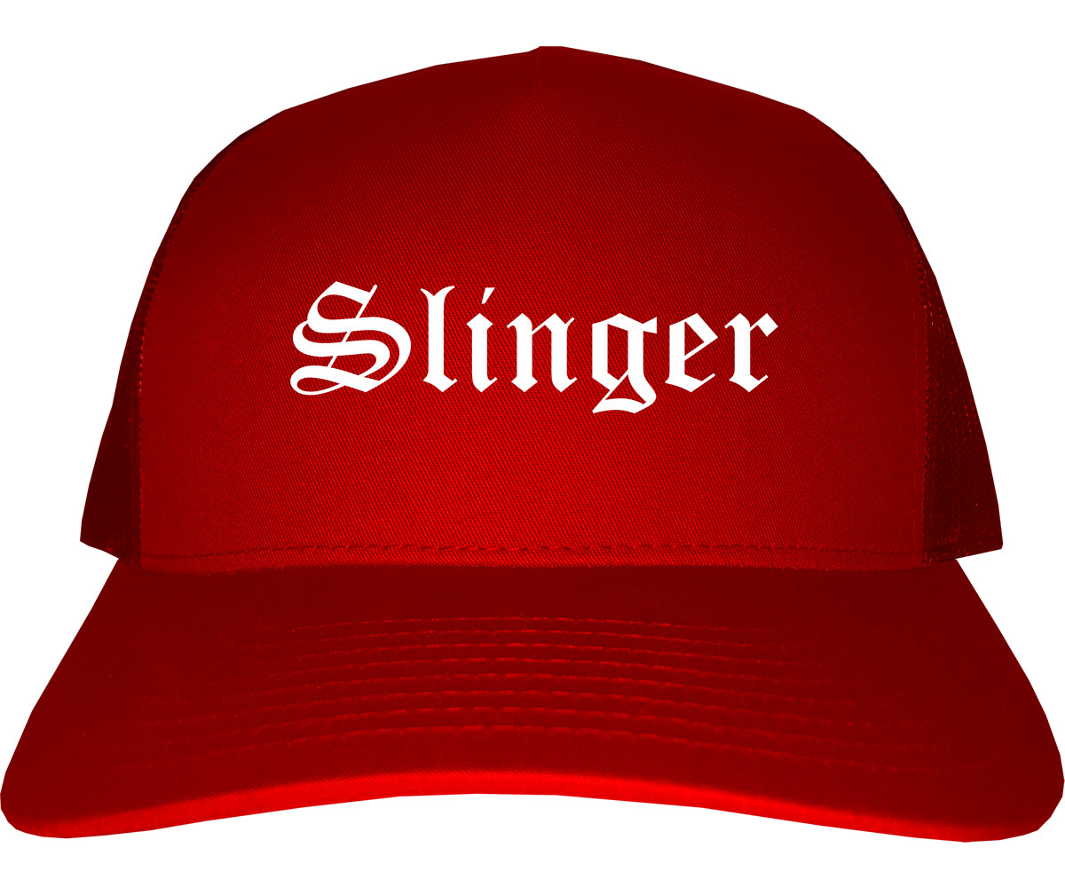Slinger Wisconsin WI Old English Mens Trucker Hat Cap Red