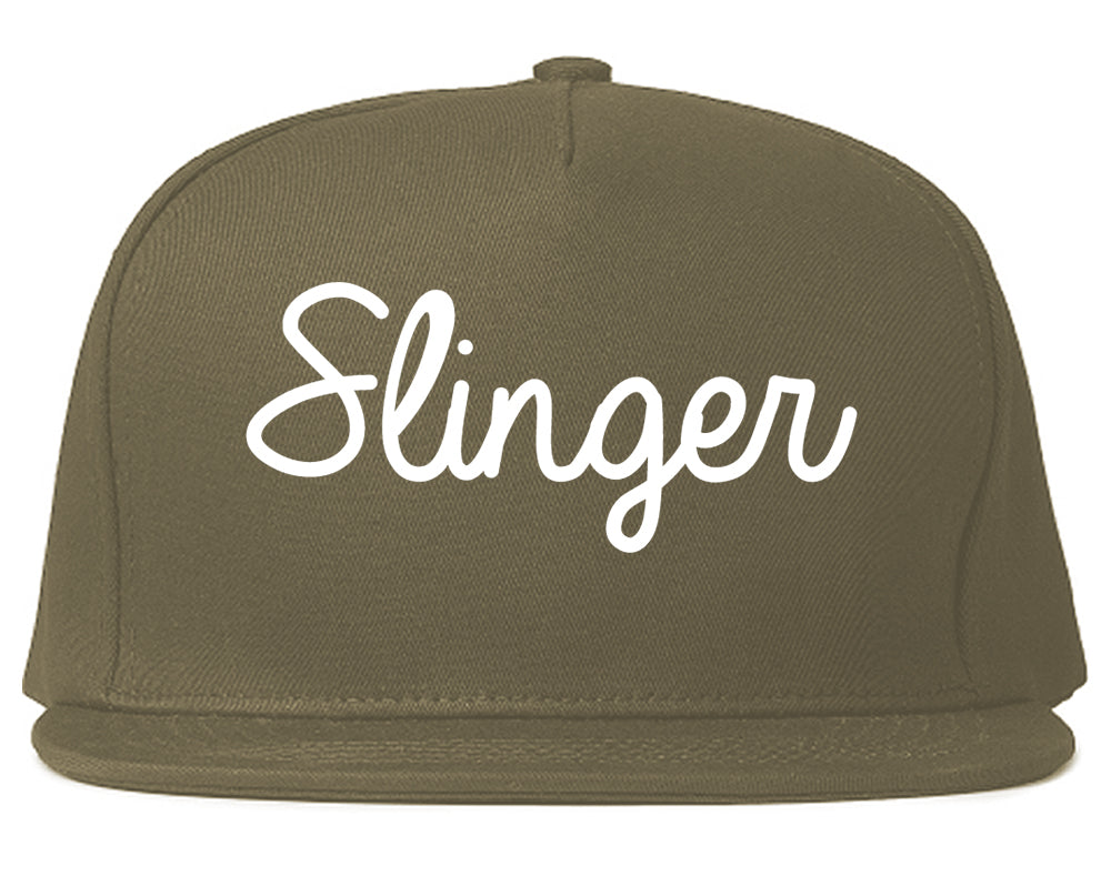 Slinger Wisconsin WI Script Mens Snapback Hat Grey