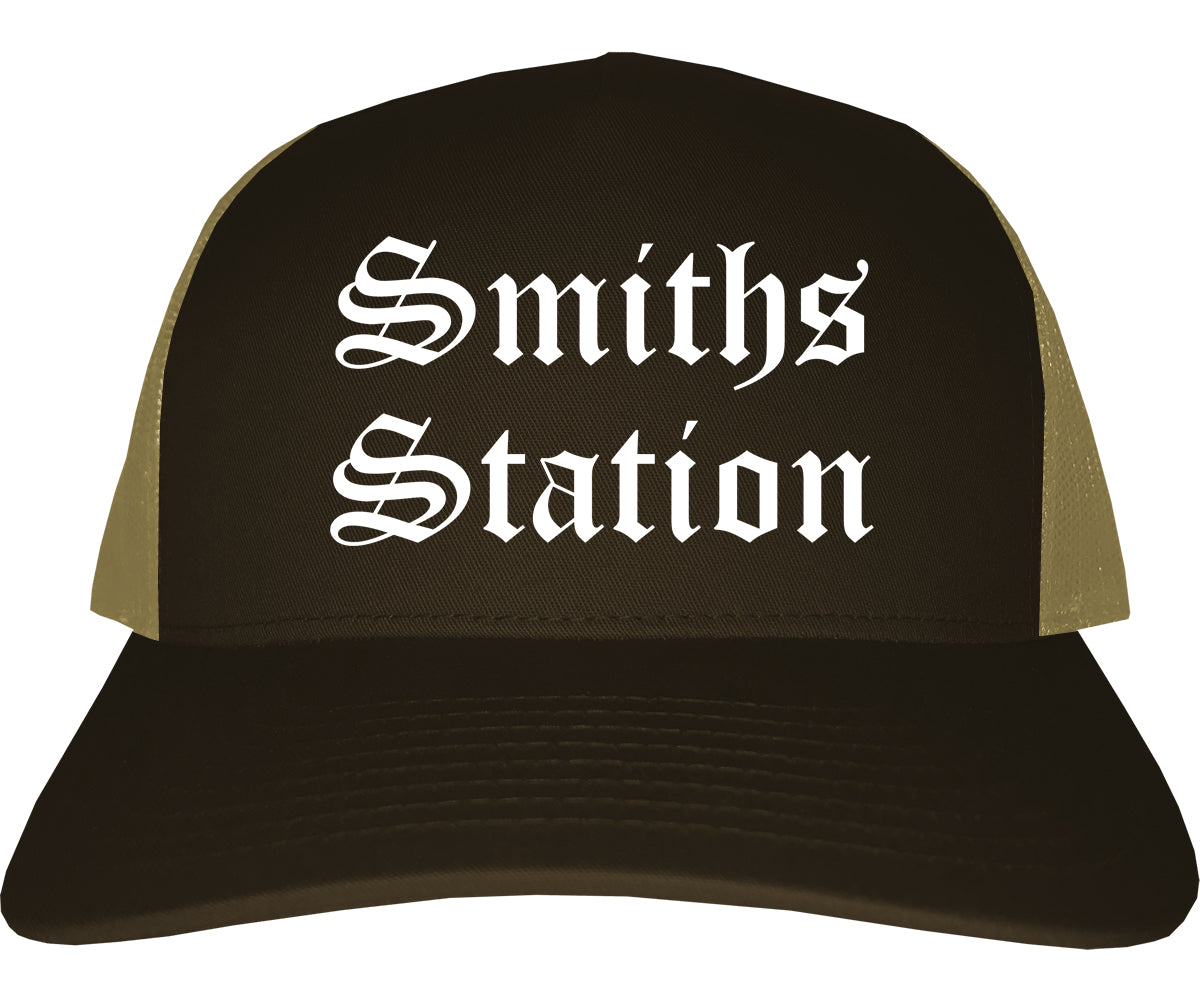 Smiths Station Alabama AL Old English Mens Trucker Hat Cap Brown