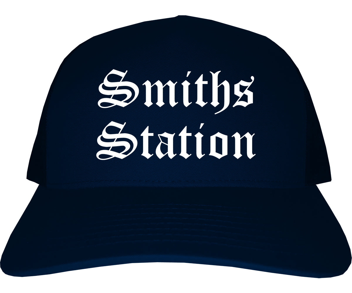 Smiths Station Alabama AL Old English Mens Trucker Hat Cap Navy Blue