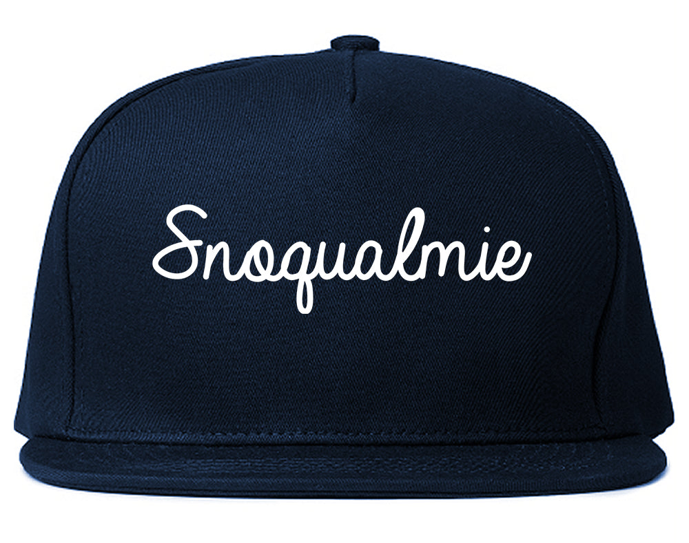 Snoqualmie Washington WA Script Mens Snapback Hat Navy Blue