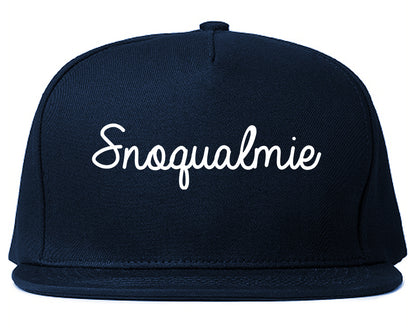 Snoqualmie Washington WA Script Mens Snapback Hat Navy Blue