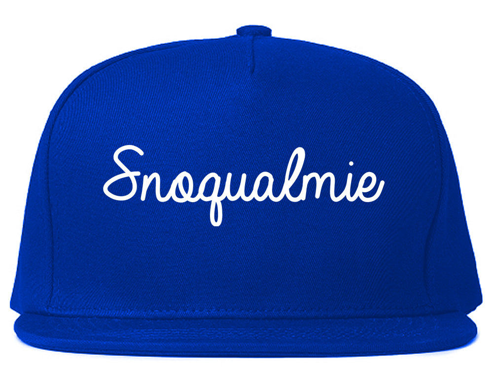Snoqualmie Washington WA Script Mens Snapback Hat Royal Blue