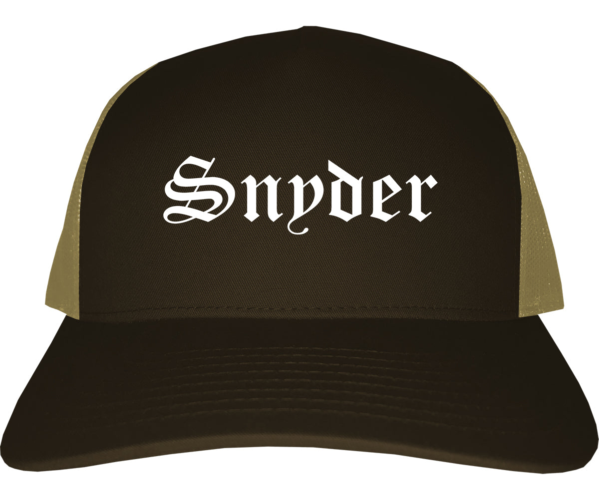 Snyder Texas TX Old English Mens Trucker Hat Cap Brown