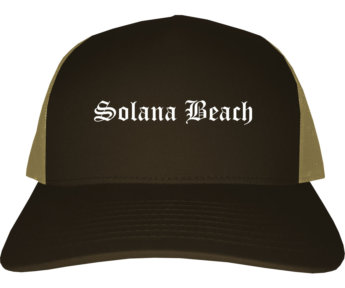 Solana Beach California CA Old English Mens Trucker Hat Cap Brown