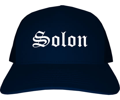 Solon Ohio OH Old English Mens Trucker Hat Cap Navy Blue