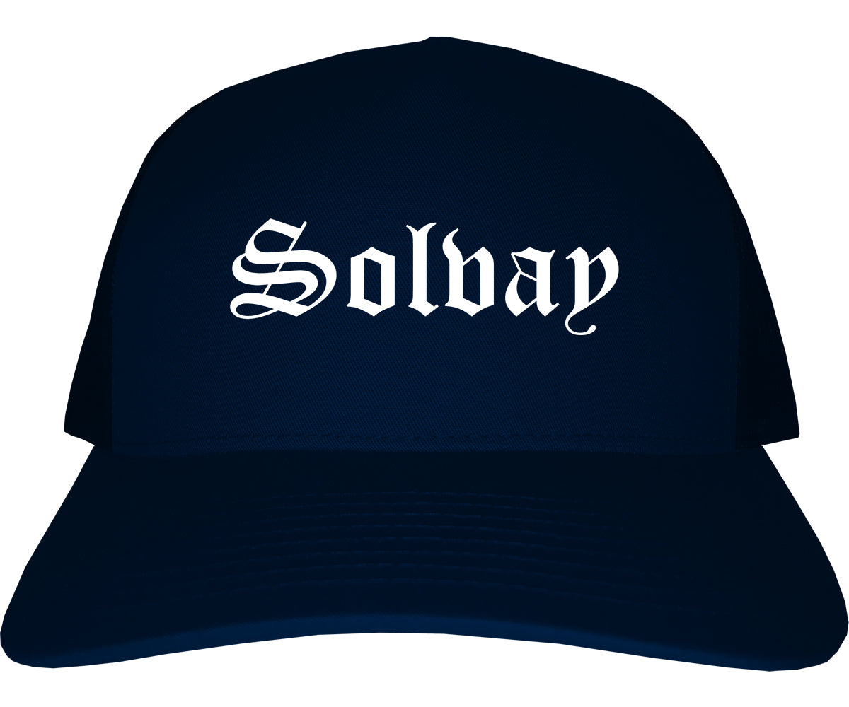 Solvay New York NY Old English Mens Trucker Hat Cap Navy Blue